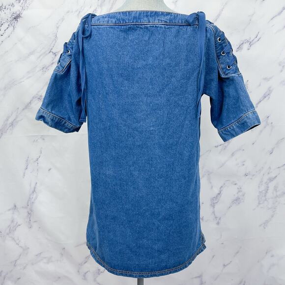 Anthropologie | Maeve | Denim Mini Shift Dress with Lace-Up and Tie Shoulders - Picture 4 of 12